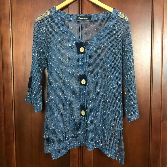 Creation Blue Button Up Fishnet Sheer Blouse Size S - Picture 2 of 6